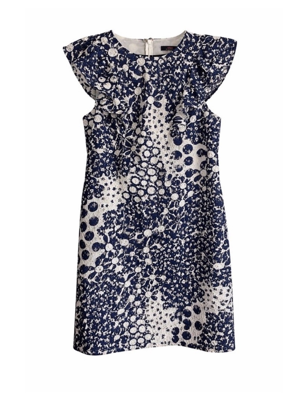 Trina Turk Navy White Energy Lace Ruffle Sleeve Dress Size 10 Elegant Sheath